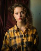 un joven mujer en un amarillo tartán camisa generativo ai foto