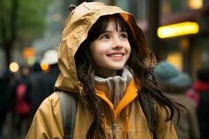 a young woman in a yellow raincoat smiles as she walks down the street generative ai photo