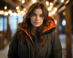 a young woman in an orange and black jacket standing in front of lights generative ai photo