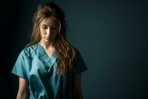 a young woman in blue scrubs standing in front of a dark background generative ai photo