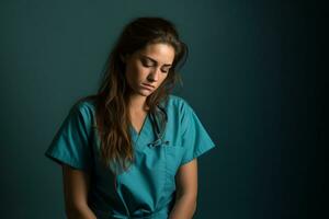 a young woman in scrubs sitting on the floor generative ai photo