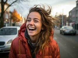 a young woman is laughing in the street generative ai photo