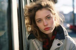 a young woman is looking out the window of a bus generative ai photo