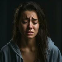 a young woman is crying in front of a black background generative ai photo