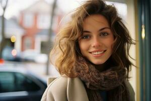 a young woman is smiling while standing in front of a building generative ai photo