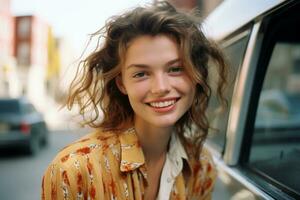 un joven mujer es sonriente mientras sentado en el espalda asiento de un coche generativo ai foto