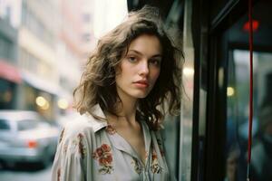 a young woman is standing in front of a bus stop generative ai photo