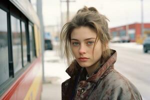 a young woman is standing in front of a bus generative ai photo