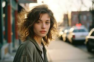 a young woman is standing on the street with her hair blowing in the wind generative ai photo