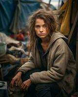 a young woman sitting in front of a tent generative ai photo