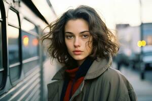 a young woman is standing near a train generative ai photo