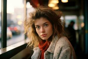 a young woman sitting at a bus stop looking out the window generative ai photo