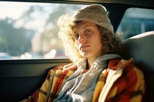 a young woman sitting in the back seat of a car generative ai photo