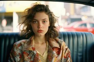 a young woman sitting in the back seat of a car generative ai photo