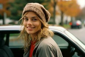 a young woman sitting in the back seat of a car generative ai photo