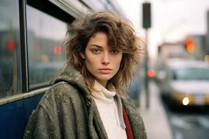 a young woman standing in front of a bus generative ai photo