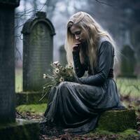 a young woman sitting on the ground in a cemetery with a bunch of flowers generative ai photo