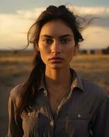 a young woman standing in the middle of a desert generative ai photo