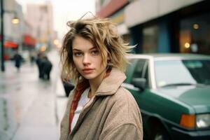 a young woman standing on a city street with a car in the background generative ai photo