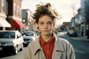 a young woman standing in the middle of a city street generative ai photo