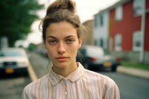 a young woman standing on a street with cars in the background generative ai photo