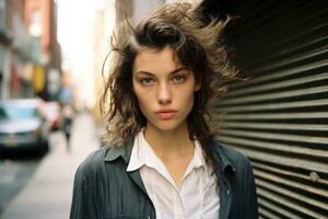 a young woman standing on a city street with her hair blowing in the wind generative ai photo