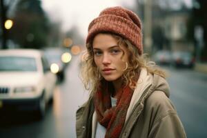 a young woman wearing a beanie and scarf on the street generative ai photo