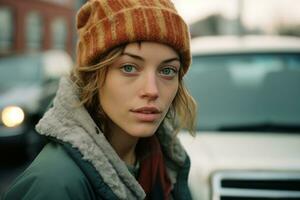 a young woman wearing a beanie and jacket standing in front of a car generative ai photo
