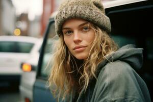 a young woman wearing a beanie sitting in the back of a van generative ai photo