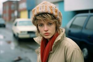 a young woman wearing a hat and coat standing on the street generative ai photo