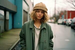 a young woman wearing a green jacket and a beanie standing on the street generative ai photo