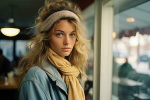 a young woman wearing a scarf and jacket looking at the camera generative ai photo