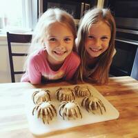 Happy little girls looking at camera at camera at camera - Halloween preparation photo