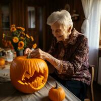 contento mayor mujer con Víspera de Todos los Santos calabaza foto