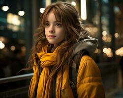 a young woman wearing a yellow jacket and scarf generative ai photo