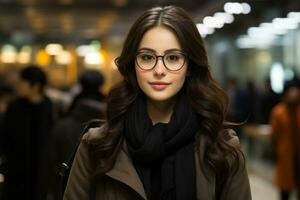 a young woman wearing glasses in an airport generative ai photo