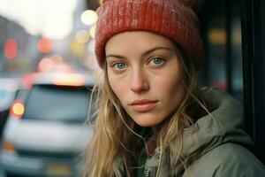 a young woman with a red beanie on in front of a car generative ai photo