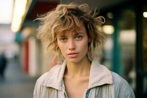 a young woman with blonde hair standing in front of a building generative ai photo