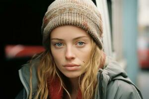 a young woman with blue eyes sitting in the back seat of a car generative ai photo