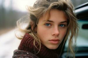 a young woman with blue eyes sitting in a car generative ai photo