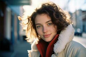 a young woman with curly hair and a red jacket generative ai photo