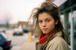 a young woman with brown hair and a red scarf generative ai photo