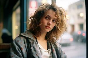 a young woman with curly hair sitting in front of a window generative ai photo