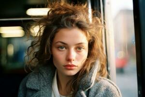 a young woman with curly hair sitting on a bus generative ai photo
