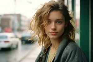 a young woman with curly hair standing in front of a building generative ai photo