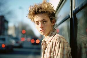 a young woman with curly hair standing in front of a bus generative ai photo