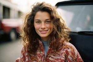 a young woman with curly hair standing in front of a car generative ai photo