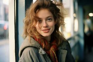 a young woman with curly hair standing by a window generative ai photo