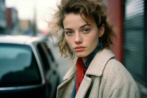 a young woman with curly hair standing in front of a car generative ai photo