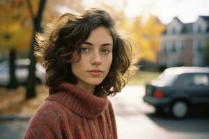 a young woman with curly hair standing in front of a car generative ai photo
